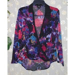 Nicole Miller | Women's Shear Blouse Floral V Neck Black Purple Size XS